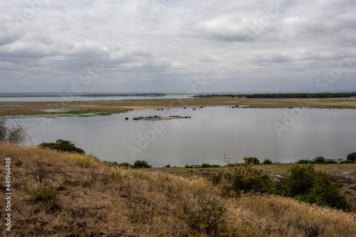lake with birds and islands on a plateau in a national park in Kenya 