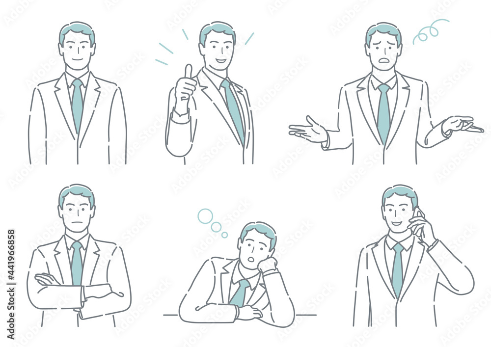 ビジネスパーソンのポーズ集　シンプルな線画イラストセット