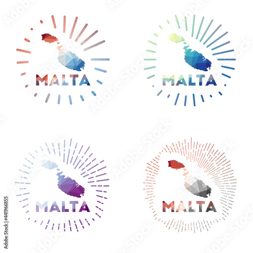 Malta low poly sunburst set. Logo of island in geometric polygonal style. Vector illustration.