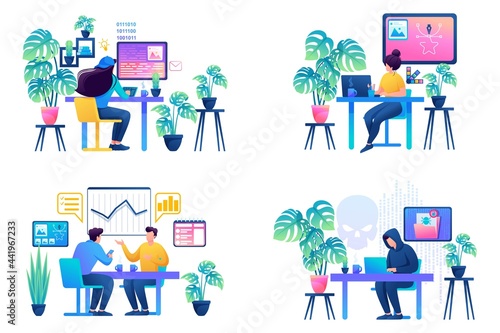 Set of Web design with a workplace for creative people, designers, programmers, hackers