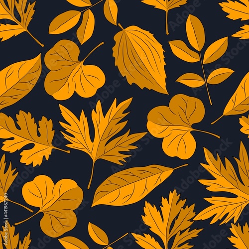 Seamless pattern with yellow autumn leaves on dark background. Vector
