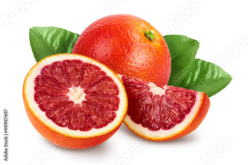 Blood red oranges with half and slice isolated on white background with clipping path and full depth of field