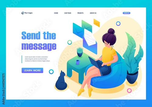 Isometric 3D. Young Girl Works At Home, Remote Work, Sending Messages. Concept For Landing Page