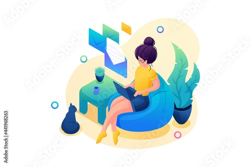 Isometric 3D. Young Girl Works At Home, Remote Work, Sending Messages. Concept For Web Design