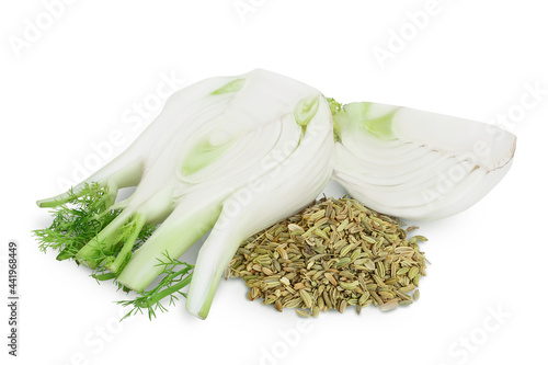 fresh fennel bulb with seed isolated on white background with clipping path and full depth of field