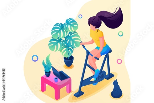 Isometric 3D. Young Girl Plays Sports At Home. Home Training. Concept For Web Design