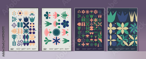 Abstract geometric patterns. A set of vector illustrations. Collection of four framed art pictures. Ideal for interior, poster, banner, package design, labels.