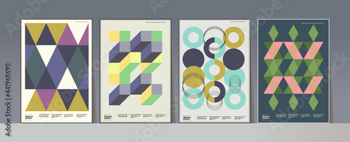 Abstract geometric patterns. A set of vector illustrations. Collection of four framed art pictures. Ideal for interior, poster, banner, package design, labels.