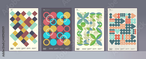 Abstract geometric patterns. A set of vector illustrations. Collection of four framed art pictures. Ideal for interior, poster, banner, package design, labels.