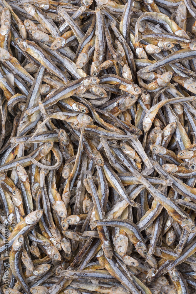 salted small dry fish, used in traditional asian cuisine, closeup, full frame view salted small dry fish, used in traditional asian cuisine, closeup, full frame view