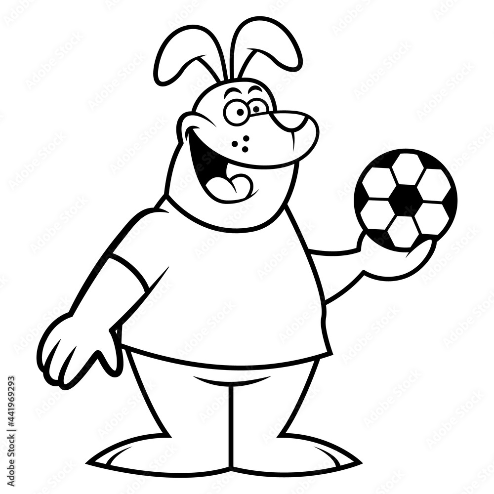 Black and white cartoon illustration of Dog wearing soccer ball jersey