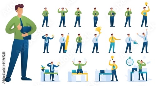 Set of BusinessMan. Presentation in various in various poses and actions. 2D Flat character vector illustration N1