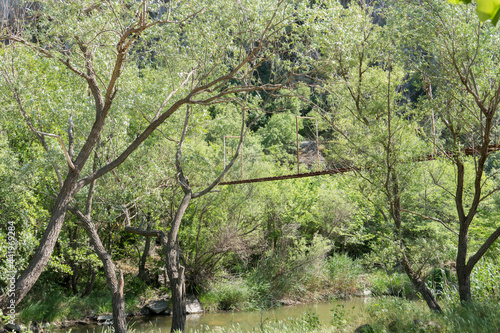 old iron suspension bridge over the stream
