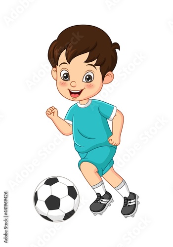 Cartoon little boy playing soccer