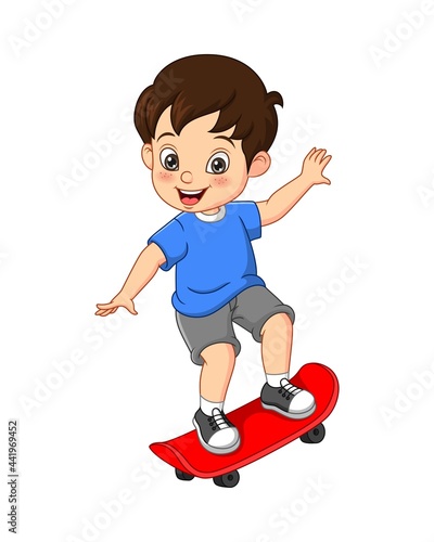Happy little boy playing skateboard