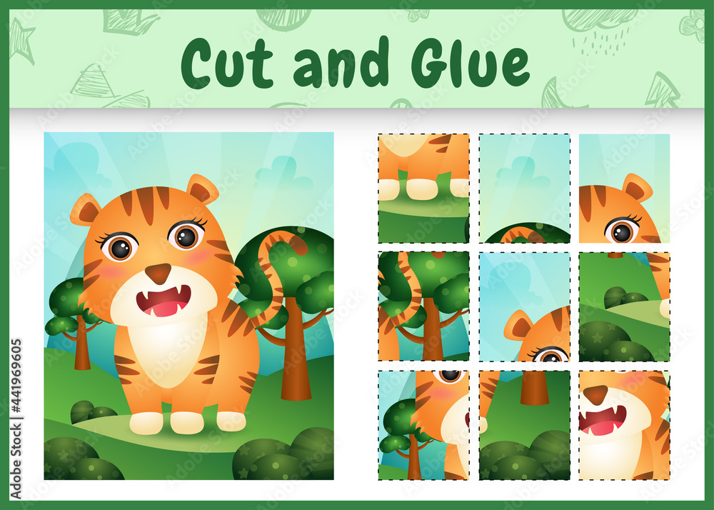Fototapeta premium Children board game cut and glue with a cute tiger