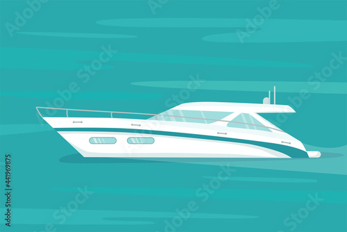 Modern speed yacht in ocean, sea. Summer vacation seaside concept. Vector stock illustration for advertisement beach party or travel agency, yachting club, racing, marine. 