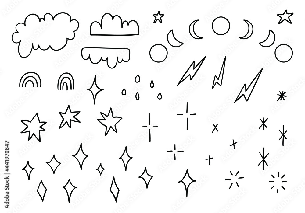 Hand-drawn doodle illustration - set of stars, clouds, moons, rainbows, lightnings. Collection of cute black vector symbols isolated on white background. Hand-drawn doodle illustration - set of stars, clouds, moons, rainbows, lightnings. Collection of cute black vector symbols isolated on white background.