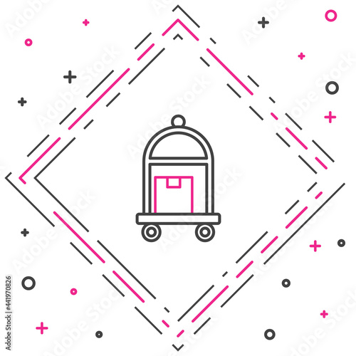 Line Hotel luggage cart with suitcase icon isolated on white background. Traveling baggage sign. Travel luggage icon. Colorful outline concept. Vector