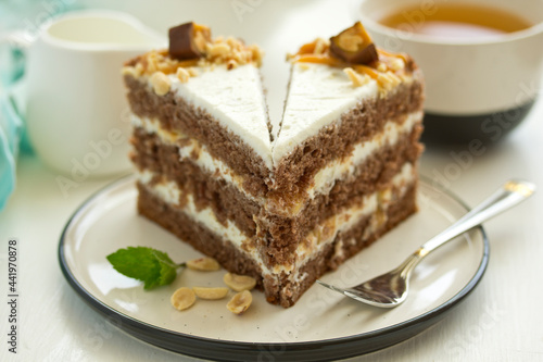 A piece of chocolate cake. Selective focus.