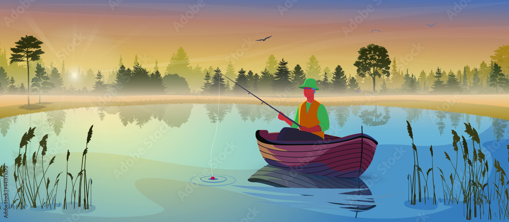 Fisherman fishing on a small boat, calm lake water