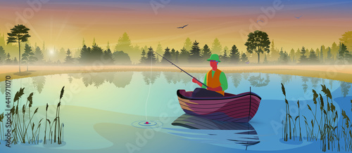 Fisherman fishing on a small boat, calm lake water