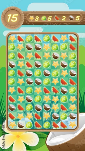 match game design tropical background and elements coconut watermelon star and green fruit 