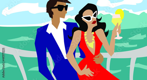 Rich people travel on a yacht on the ocean vector illustration. A woman in a beautiful dress is drinking a cocktail. A relaxed holiday. Couples in a romantic environment. Flat cartoon style.