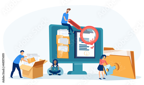 Foto Vector of office employees managing  data base and file archive on computer serv