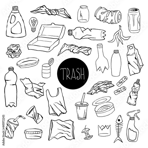 Outline set of hand-drawn doodle icons plastic pollution. Vector elements with crumpled plastic cups, package disposal waste, bottle and other trash. Symbol collection of problem globe pollution