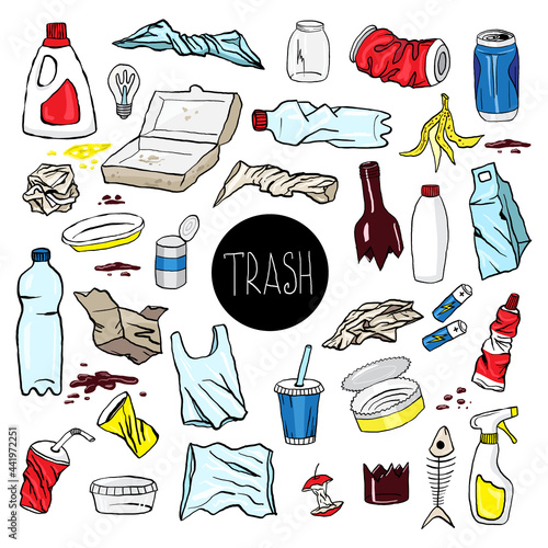 Colorful set of hand-drawn doodle icons plastic pollution. Vector elements with crumpled plastic cups, package disposal waste, bottle and other trash. Symbol collection of problem globe pollution