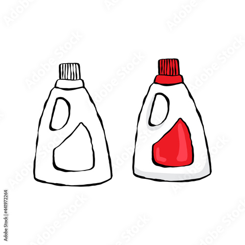 Outline and colorful element plastic pollution. Cleanser plastic bottle. Symbol of problem globe pollution. Cartoon hand-drawing style. Garbage and trash object.