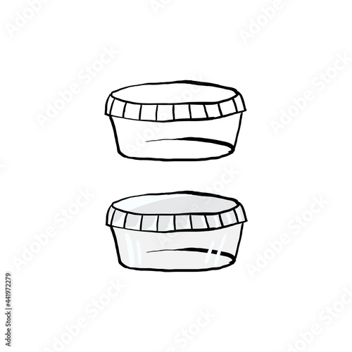 Outline and colorful element plastic pollution. Disposable tableware or one-off plastic container. Symbol of problem globe pollution. Cartoon hand-drawing style. Garbage and trash object.