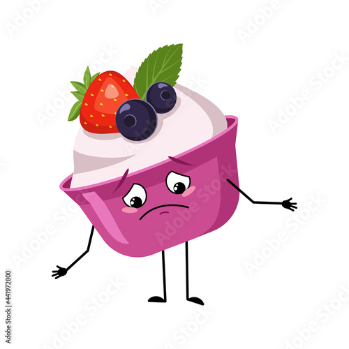 Cute cake or yogurt character with sad emotions, downcast eyes, depressing face, arms and legs. The melancholy sweet food, dessert. Vector flat illustration