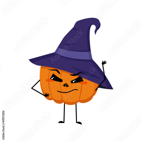 Cute pumpkin character in pointed hat with emotions, face, arms and legs. The funny or proud, domineering vegetable for the holiday Halloween with eyes. Festive autumn decoration for October