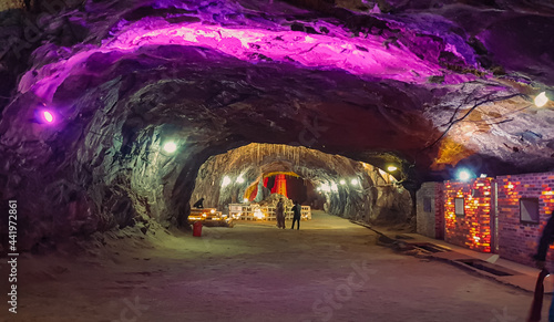 Khewra Salt Mine - February, 14, 2021: North of Pind Dadan Khan, Jhelum District, Pakistan. Second largest in the world, famous for its production of pink salt and is a major tourist attraction.