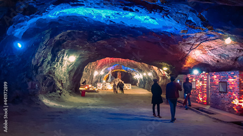 Khewra Salt Mine - February, 14, 2021: North of Pind Dadan Khan, Jhelum District, Pakistan. Second largest in the world, famous for its production of pink salt and is a major tourist attraction.