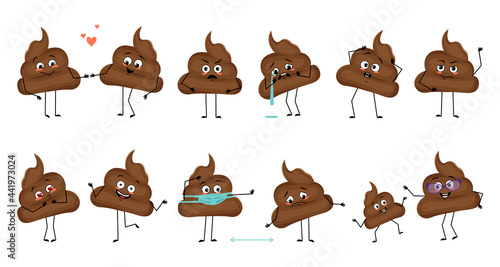 Set of cute shit characters with emotions, face, hands and feet. Smiling or sad turd, heroes in love keep their distance, dance or cry. Vector flat illustration
