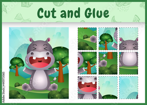 Children board game cut and glue with a cute hippo