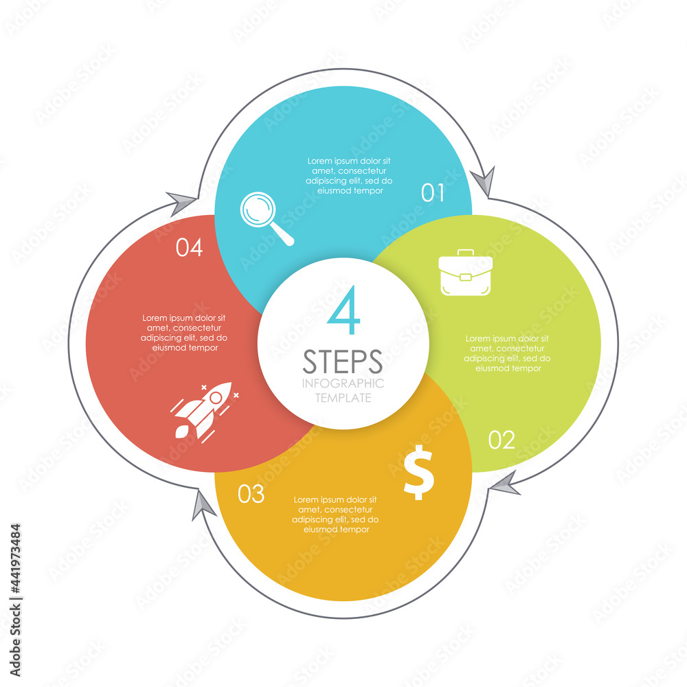 Circle infographic template with 4 options, elements or steps. Business concept for presentations, layouts, reports and round diagram. Vector illustration