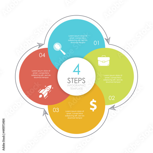 Circle infographic template with 4 options, elements or steps. Business concept for presentations, layouts, reports and round diagram. Vector illustration