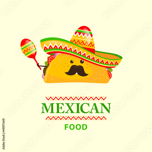 Cartoon tacos with a mustache in a Mexican hat and maracas in hand. The concept of Mexican food, food. Vector, illustration