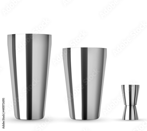 Bar kit set, Bottle For Cocktail mockup. Realistic mockup isolated. Cocktail shaker, hawthorne strainer, stirrer, metak muddler and jigger.