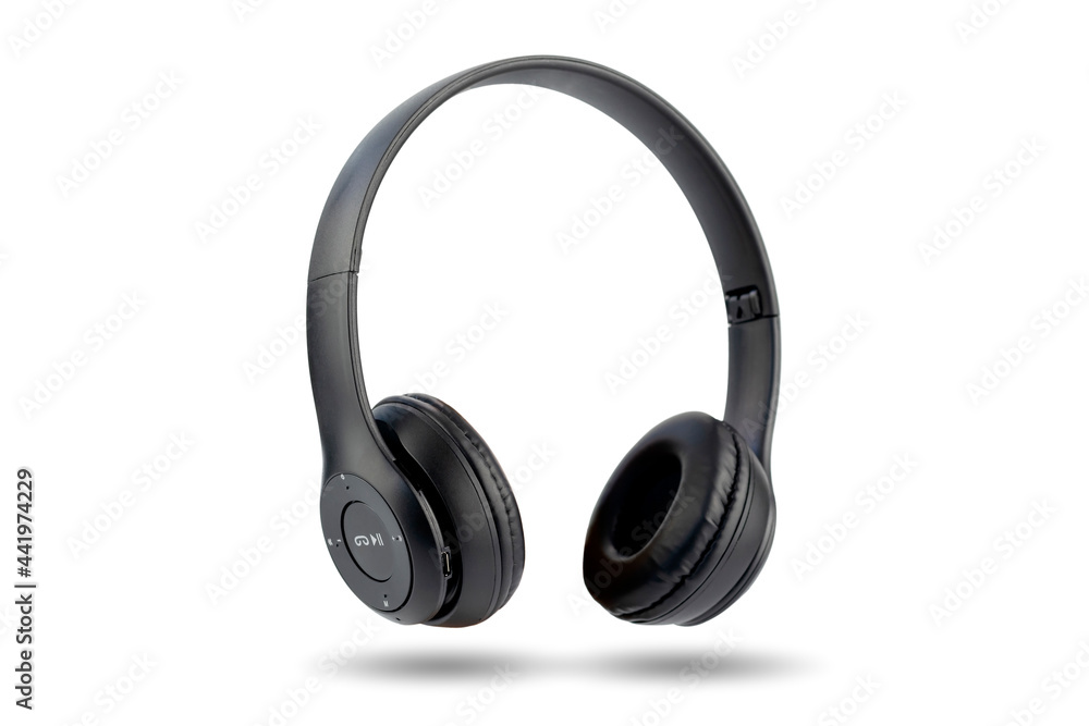 Modern design of black color wireless earphone isolated on white background. Modern design of black color wireless earphone isolated on white background.