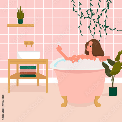 Young girl taking a bath. Bathroom Flat vector illustration