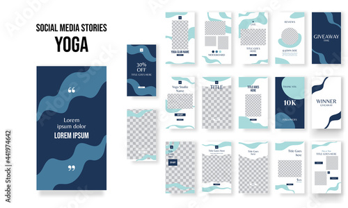 Set of editable social media instagram stories yoga, therapy, meditation, holistic with blue design vector template ai and eps10