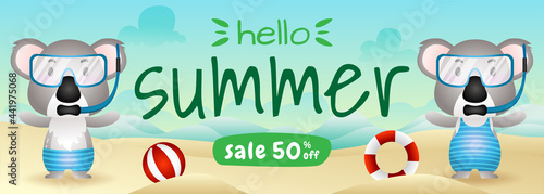 summer sale banner with a cute koala couple using snorkeling costume in beach