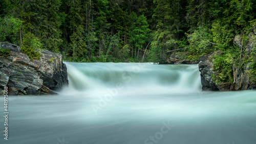 Long exposure creating a silky look of Overlander Falls on the Fraser River in Mount Robson Provincial Park in the Canadian Rockies  British Columbia  Canada