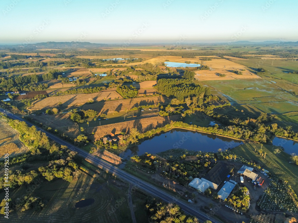 Aerial view of plantation fields with lake and trees at sunset