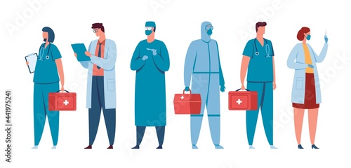 Healthcare workers. Medical team of doctors, nurses, surgeons, physicians in medic uniform. Hospital staff standing together vector concept. Teamwork with first aid kit during pandemic